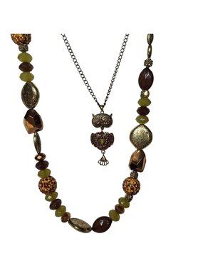 Off Park Collection Bronze Green Double Strand Necklace Owl Pendant Beaded